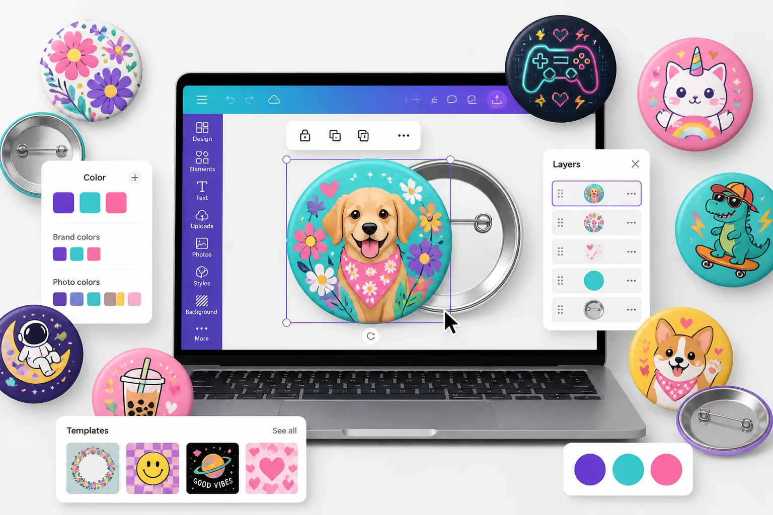 Biblioteca Premium de Bottons aberta em uma interface inspirada no Canva